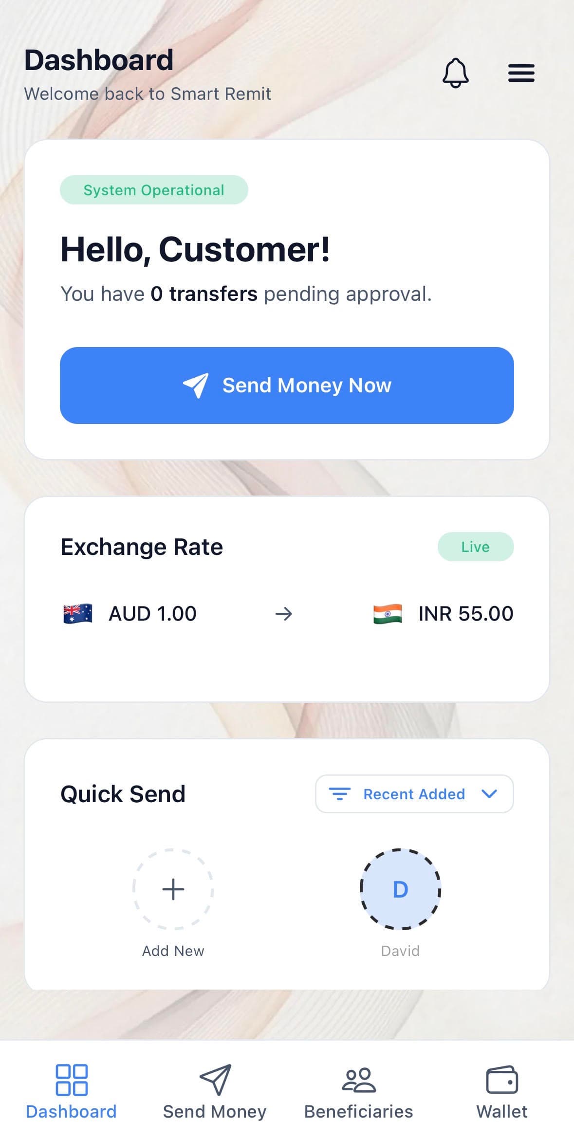 Smart Remit mobile app dashboard preview